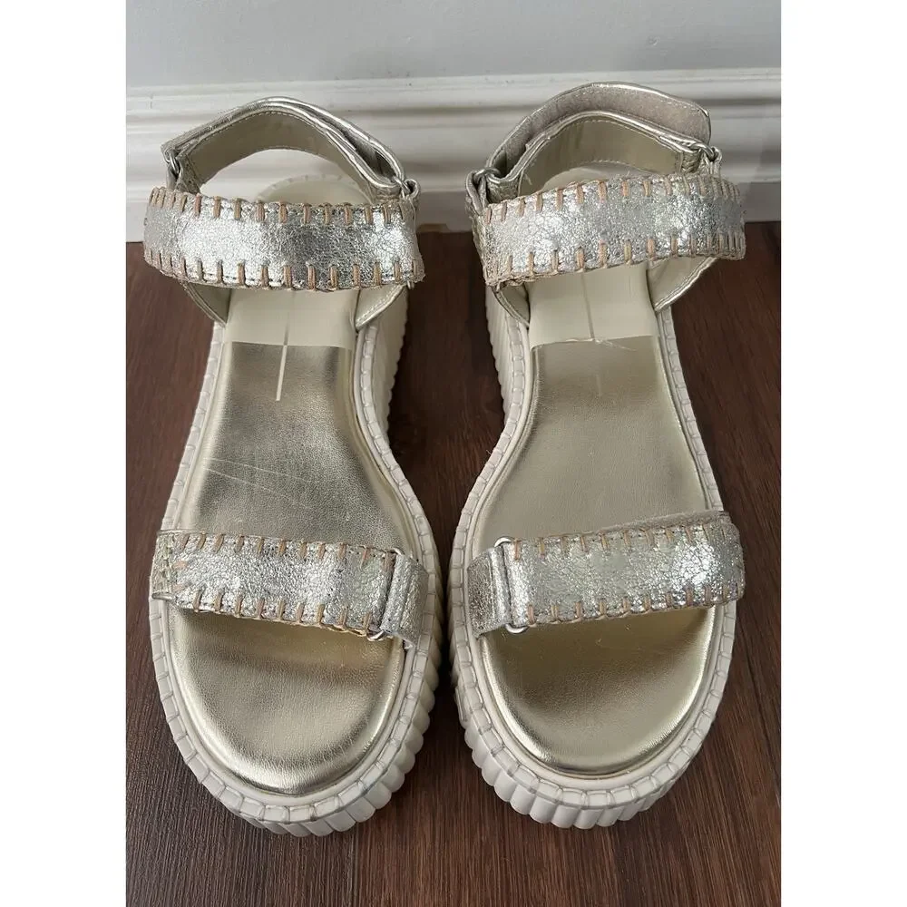 DOLCE VITA Silver Distressed Leather Debra Platform Sandals Shoes Sz 9.5
